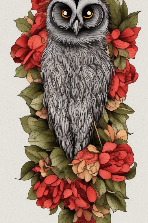 02658-547719071-american traditional phantatt an owl with a mouse in its beak surrounded by flowers and leaves, with a mouse on its back, bamboo.png